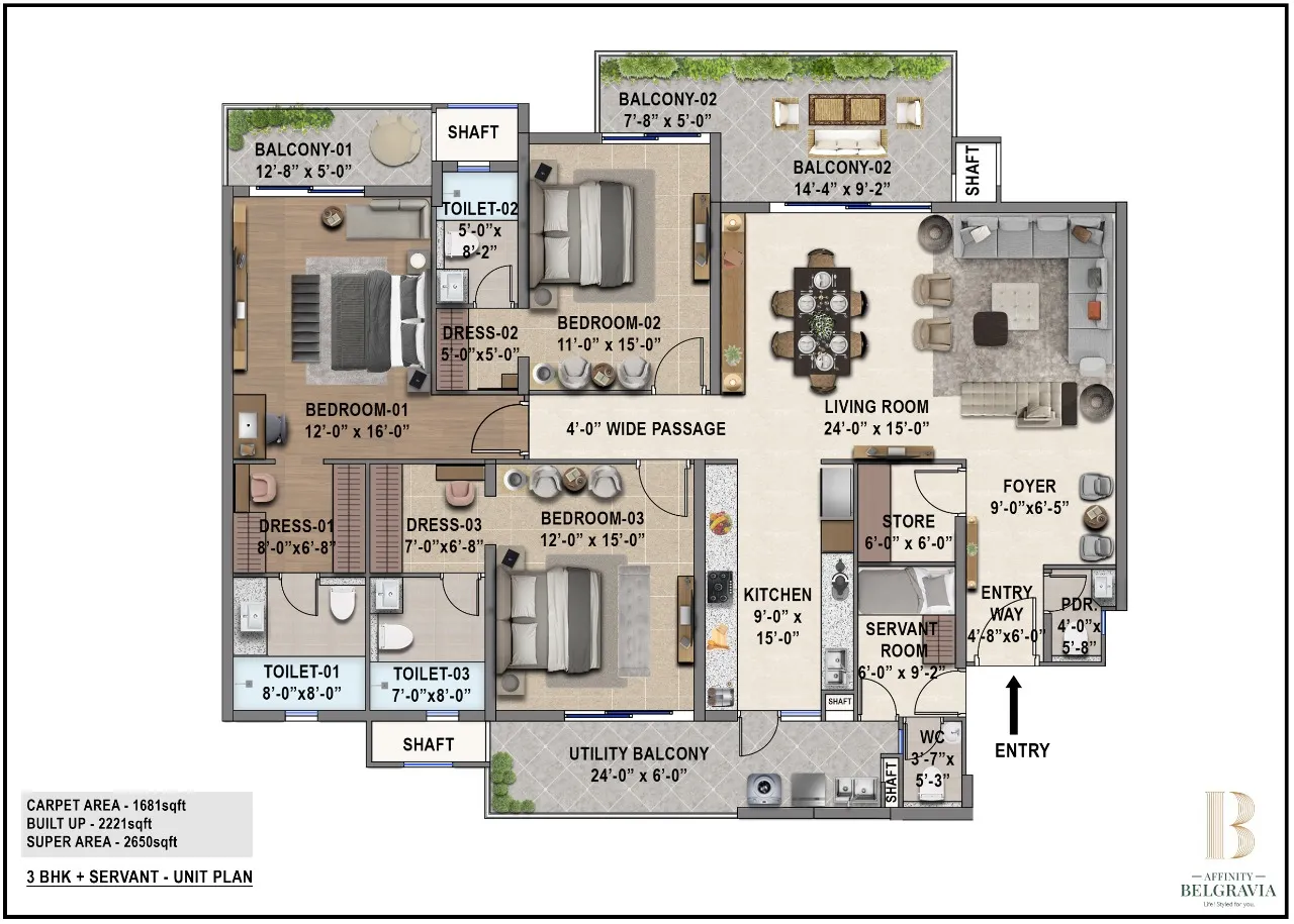 3 BHK + Servant Plan